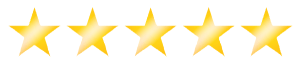 Five gold stars arranged in a horizontal row, symbolizing a perfect 5-star review and excellent rating.