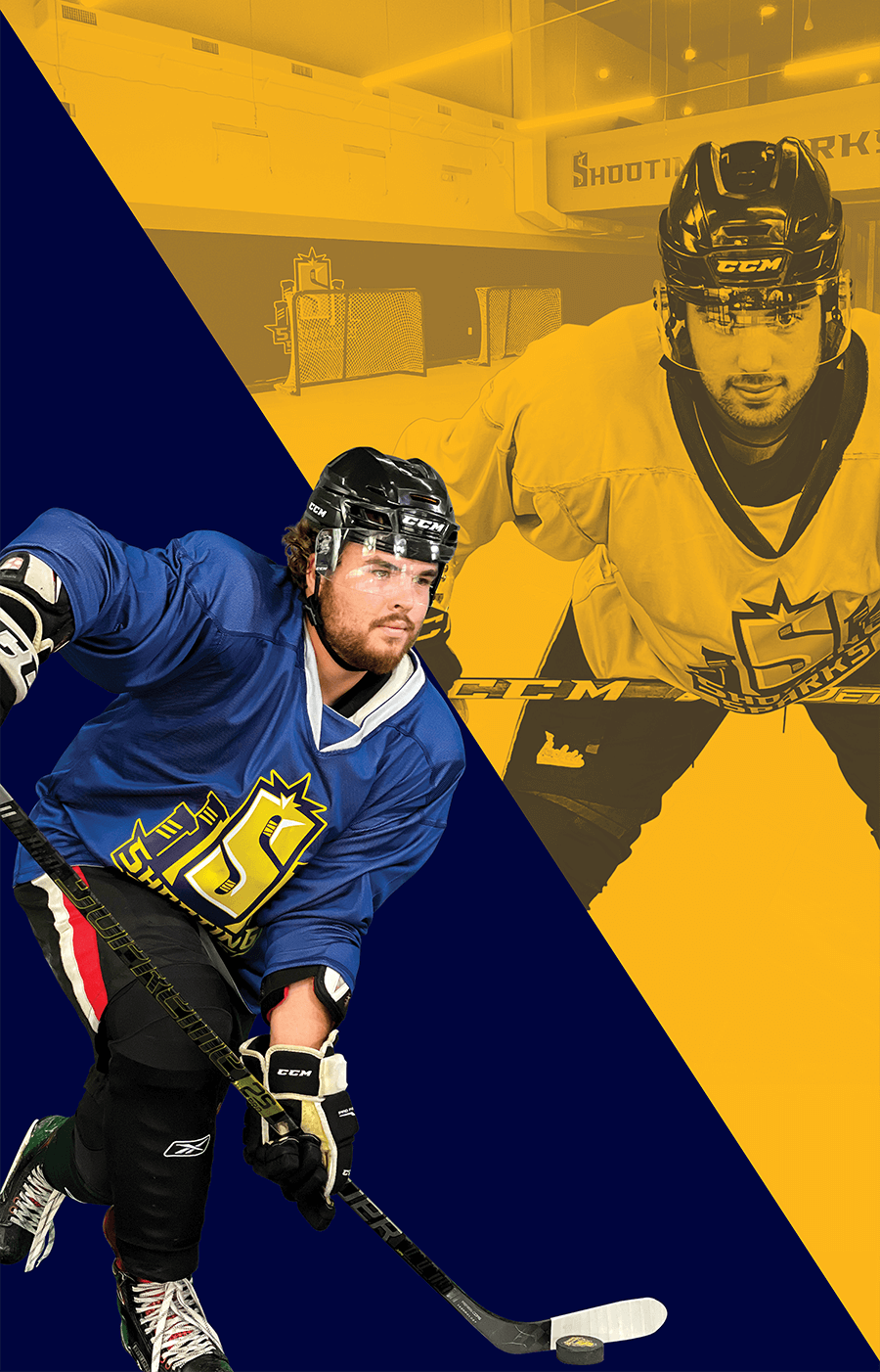 external window display of shooting sparks, hockey play takes slapshot