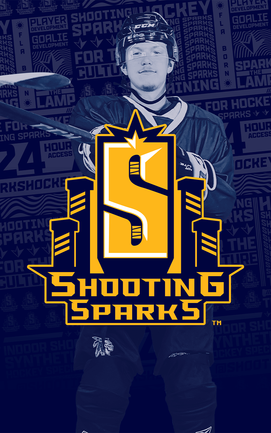 hockey marketing visual of a hockey player and text on screen of shooting sparks
