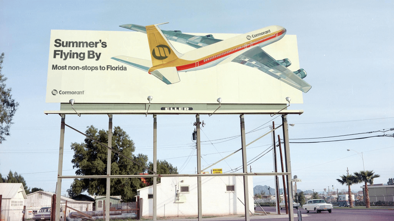 Billboard featuring a classic aircraft with the text 'Summer's flying by,' symbolizing Cormorant Marketing's wide range of aviation marketing services, from graphic design to strategy.
