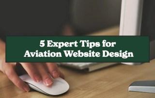 Close-up of a hand using a computer mouse beside a desktop screen with overlay text reading 5 Expert Tips for Aviation Website Design