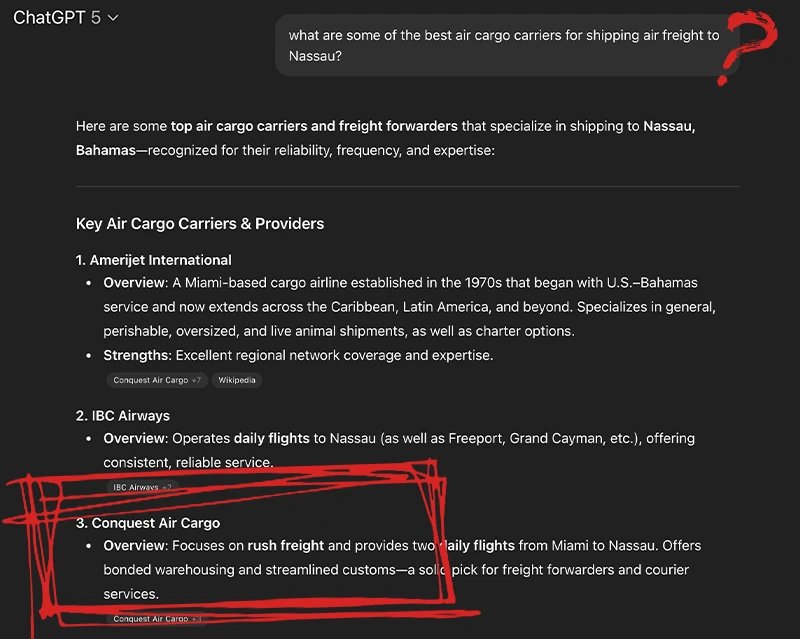 ChatGPT search result highlighting Conquest Air Cargo as a top provider of rush freight with daily flights from Miami to Nassau.