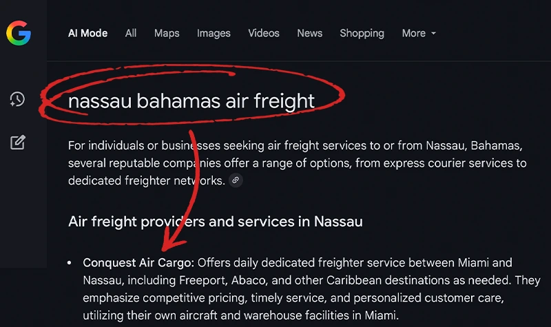 Google search result for ‘Nassau Bahamas air freight’ featuring Conquest Air Cargo listed as a dedicated freighter service between Miami and Nassau.