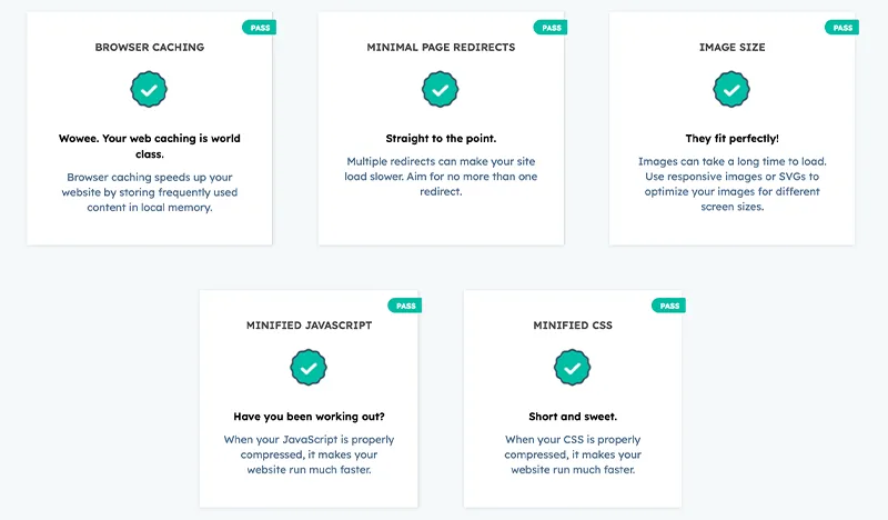 Website audit results highlighting performance best practices with passes for browser caching, minimal page redirects, optimized image size, minified JavaScript, and minified CSS.