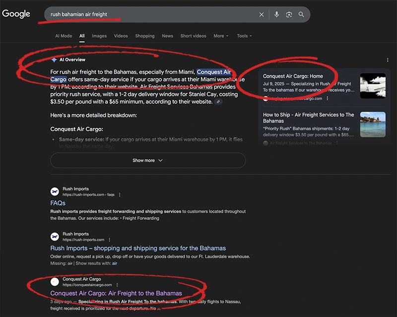 Rush Google search result for ‘rush Bahamian air freight’ showing Conquest Air Cargo ranked prominently with same-day and priority freight service.