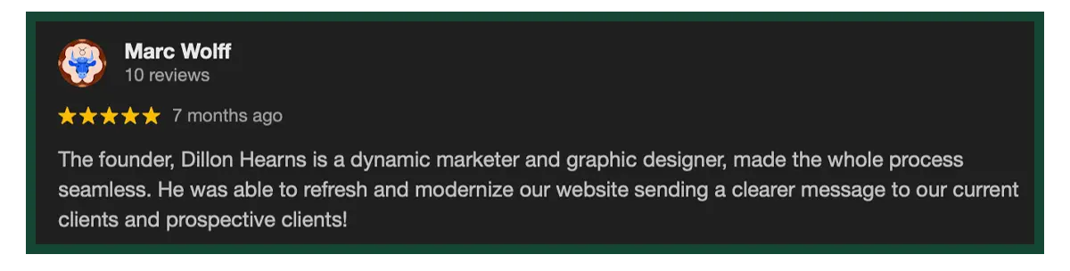 Google review from Conquest Air Cargo President Marc Wolff praising Cormorant Marketing for modernizing their website, improving messaging, and making the process seamless